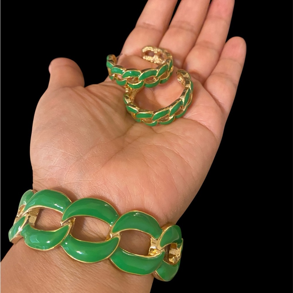 Green and Gold Chain Link Bracelet Set